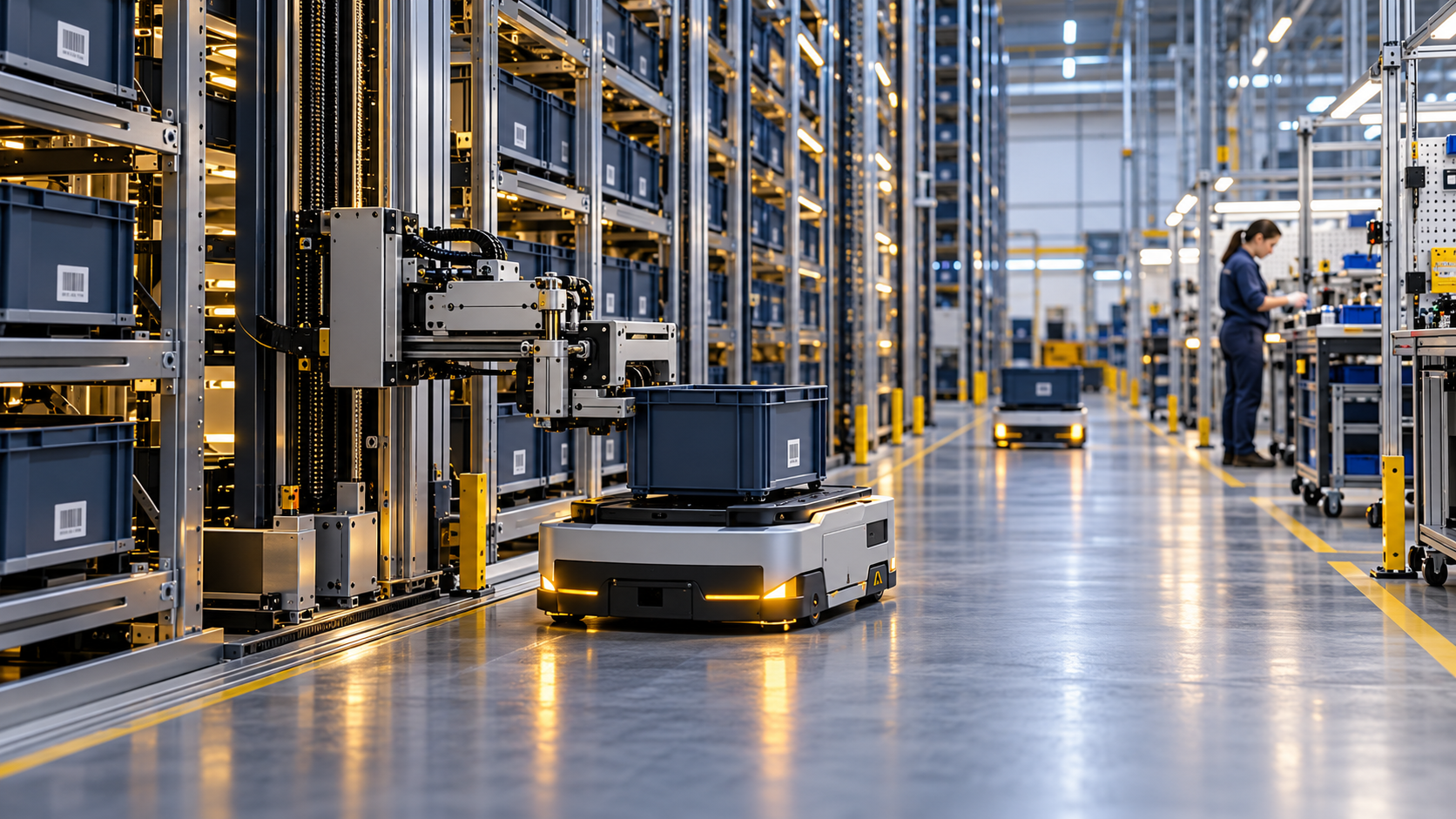 Magazzino automatico con unità di prelievo, contenitori identificati e robot mobile diretto alla postazione