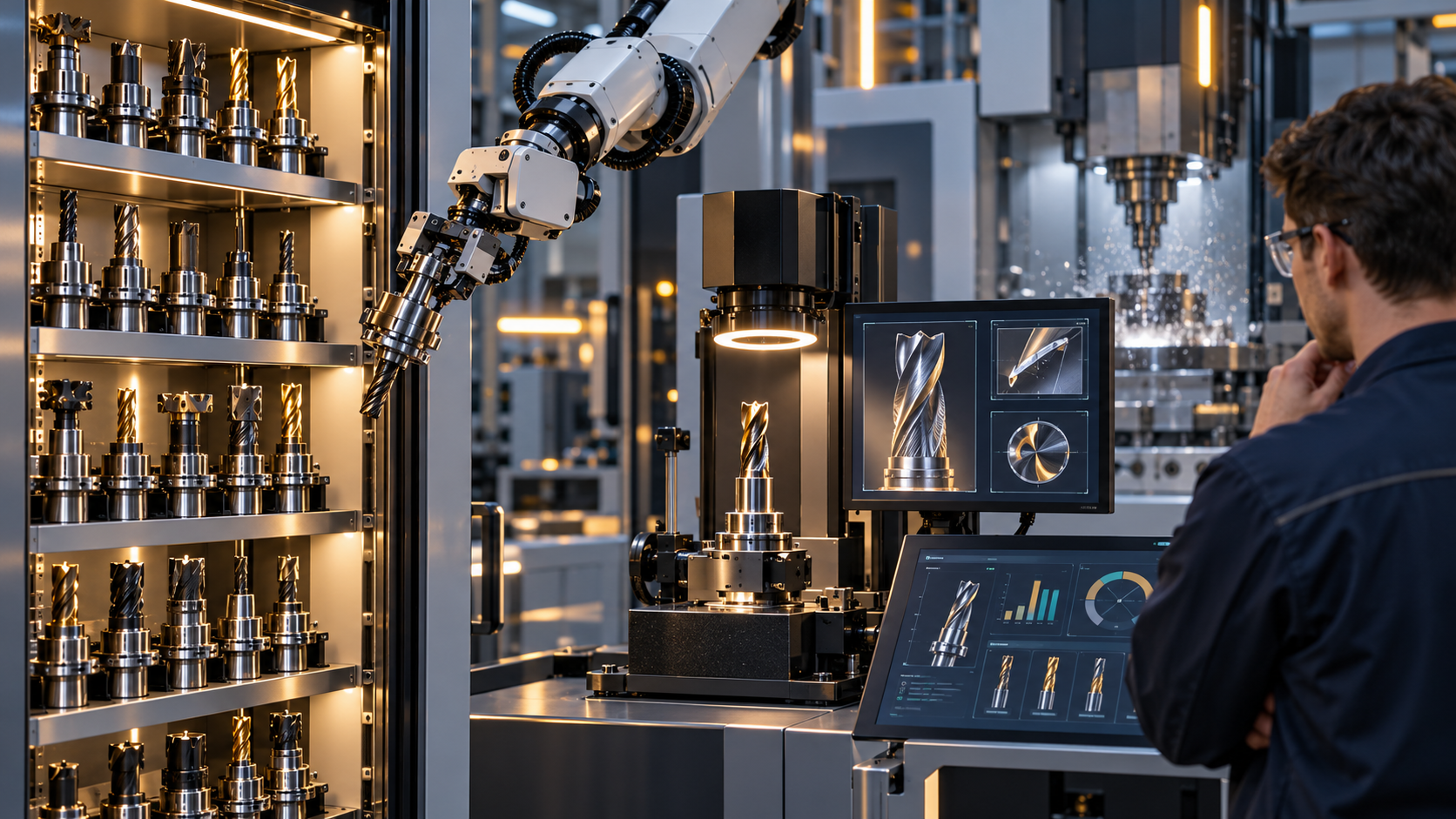 Gestione digitale degli utensili con armadio organizzato, prelievo robotizzato e verifica dello stato di un utensile